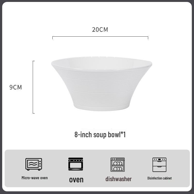 Ribbed Underglaze White Ceramic Tableware Set: Includes Plates, Chopsticks, Soup, Noodle, and Rice Bowls
