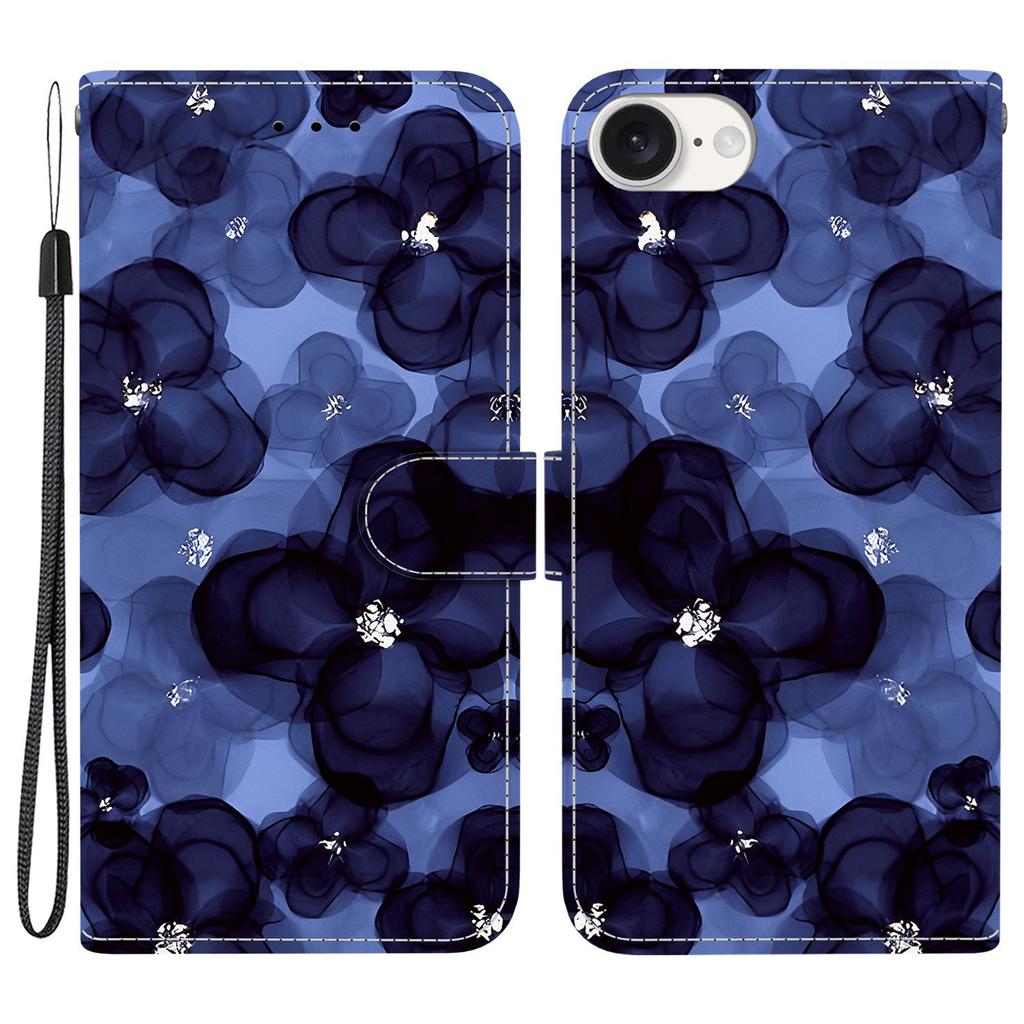 Для iPhone 16e Чехол-кошелек Кожаный чехол-подставка с печатью рисунка и ремешком