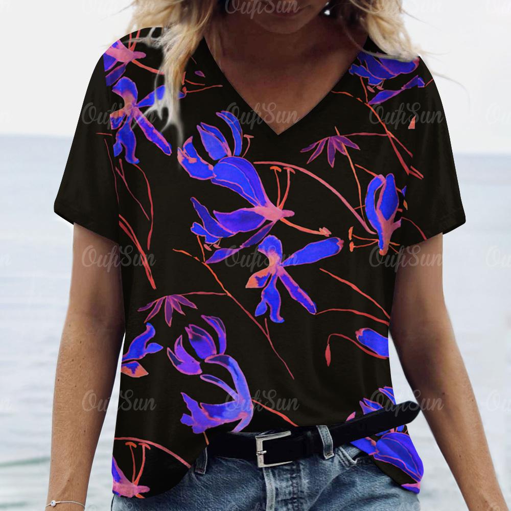2024 Футболка для женщин Топы с цветочным принтом Женская свободная одежда Футболки Летние топы с V-образным вырезом Рубашка Футболки оригинального дизайна