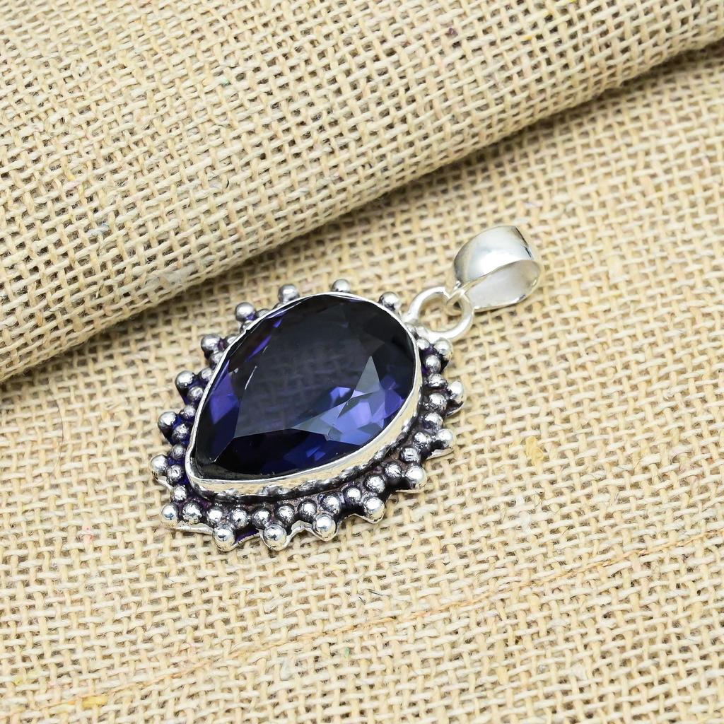 Dazzling Iolite Gemstone 925 Solid Sterling Silver Handmade Antique Jewelry Gift For Mother Pendant