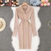 Autumn Winter Women Elegant V-neck Knitted Sweater Gold Button Office Work Slim Bodycon Sheath Dresses