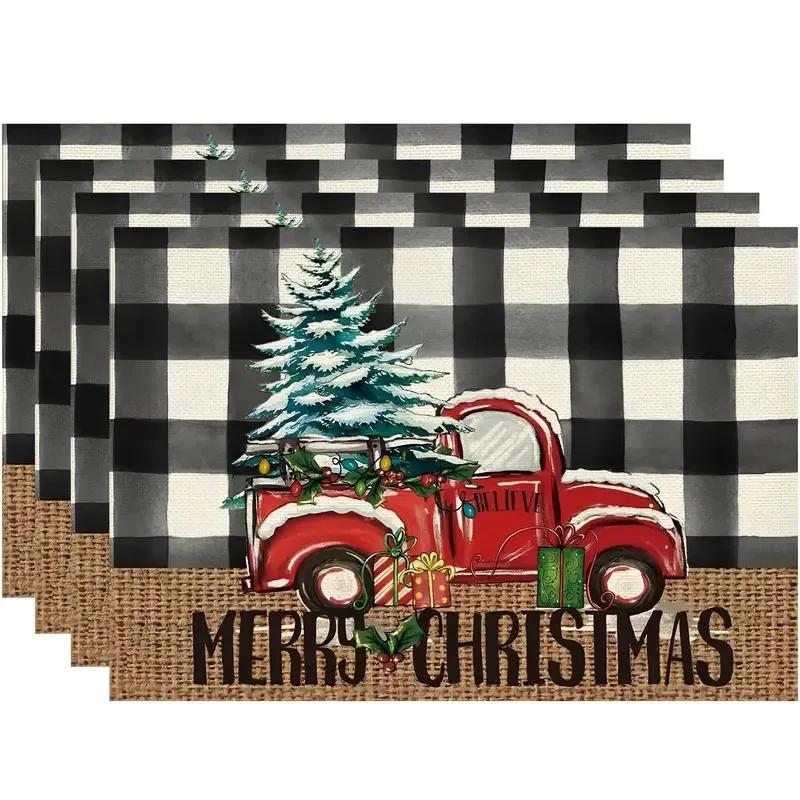 Temu Cross-Border Christmas Cotton Linen Table Matsers Kitchen Decor Plaid Printing Heat Resistant Waterproof Table Utensils Mats