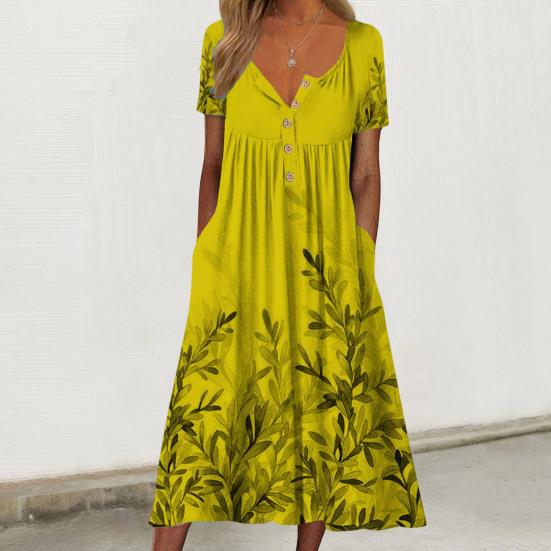 Женское летнее платье с принтом листьев, длиной до середины икры, с v-образным вырезом и карманами, плиссированное, повседневная одежда, с короткими рукавами, свободный подол, женское пляжное платье, женская одежда