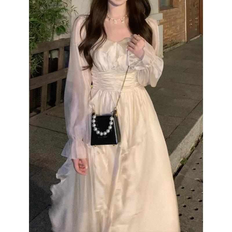 Элегантное милое платье феи, женское весенне-летнее платье миди с длинными рукавами, корейское модное винтажное однотонное платье трапециевидной формы с высокой талией