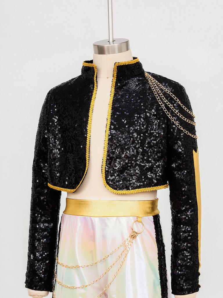 Shiny Sequins Stage Jacket for Girls, Long Sleeve Singer Cosplay Costume with Braided Trimming & Chains for a Complete Look