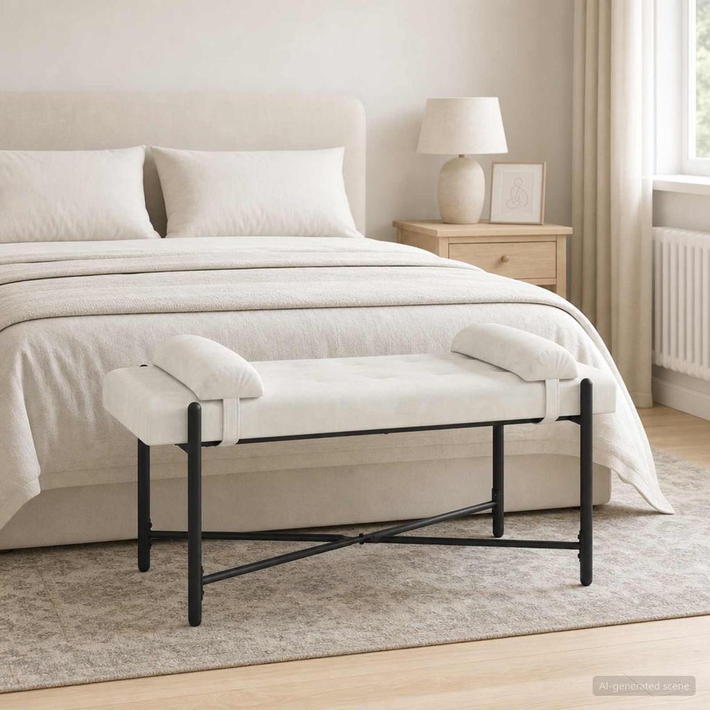 Button Tufted Bench with Cushions Cream 110 x 40 x 46 cm Velvet