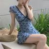 2024 Женское ретро-цветочное платье с глубоким V-образным вырезом, утягивающее, короткое, А-силуэт