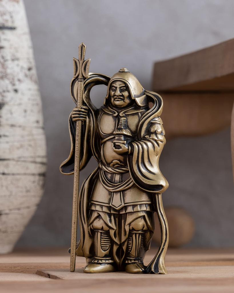 One of the Seven Lucky Gods, Bishamonten, Silky Gold. Sculptor: Makita Shuun. Original: Antique Gold. Buddhist Statue. Takaoka Copperware