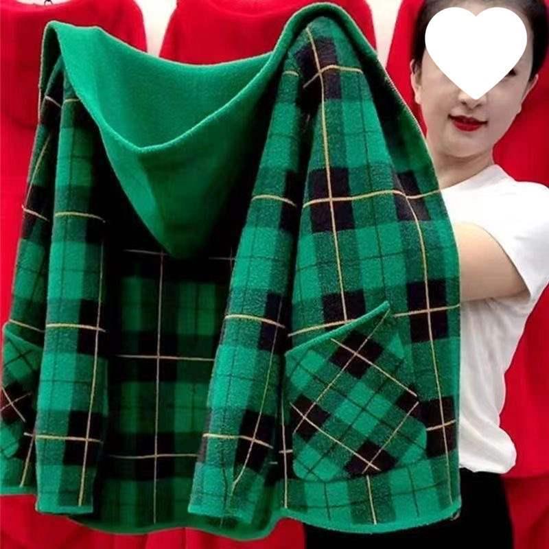 Клетчатая шерстяная куртка на молнии для женщин среднего возраста - Модная, Большого размера, Осенне-зимний, Короткий стиль