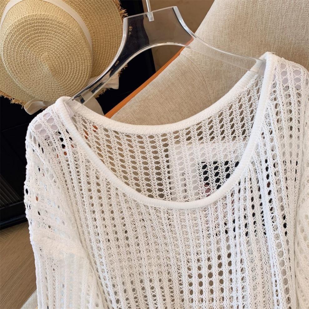 Женский летний кардиган ажурной вязки - Свободный, Приталенный, Защита от солнца, Круглый вырез, Длинный рукав, Универсальный топ.