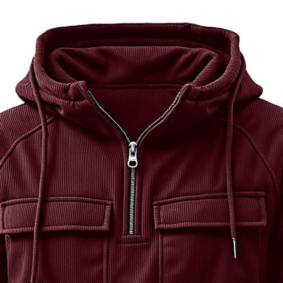 Men Hoodie Zipper Half Placket Hooded Drawstring Long Sleeve Sport Tops with Pockets Solid Color Multi-Pocket Design Warm Sweatshirt