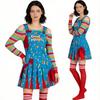 Scary Doll Cosplay Dress Women Horror Doll Halloween Themed Costume Dress Rainbow Stripe Off Shoulder Top Suspender Skirt Socks