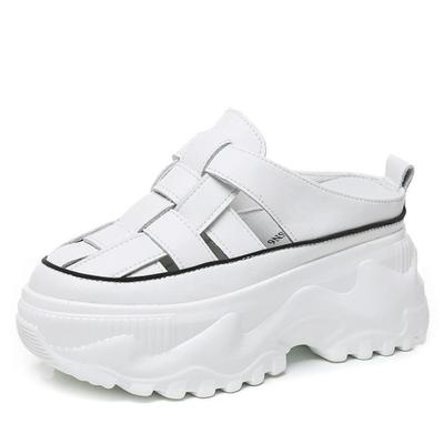 Модные 8 см плетеные коровьи натуральная кожа массивные кроссовки женские туфли-лодочки полые летние платформы танкетки модные сандалии блестящие тапочки обувь