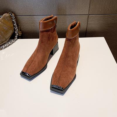 Женские модные хлопковые ботинки на толстом каблуке, зимние новые, с квадратным носком, из замши, с задней молнией, с заклепками, нескользящие короткие ботинки