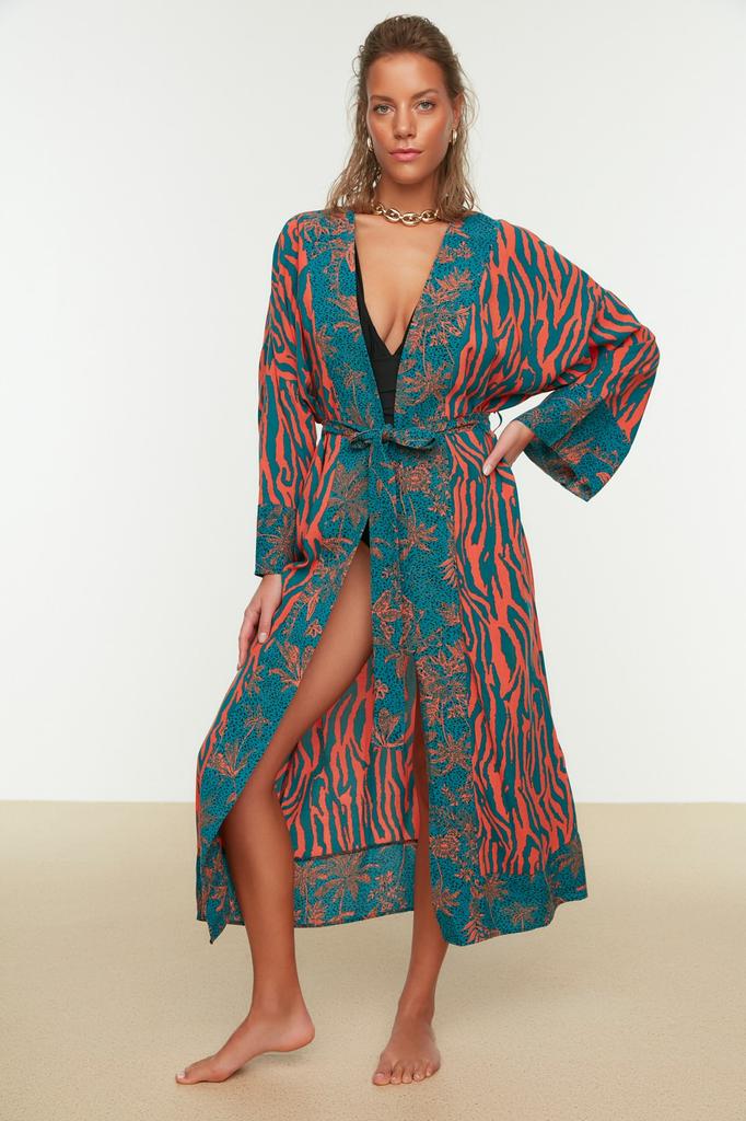 Women's Fashion New Kimono&Kaftan Ethnic Patterned Belted Maxi Woven KimonoKaftan