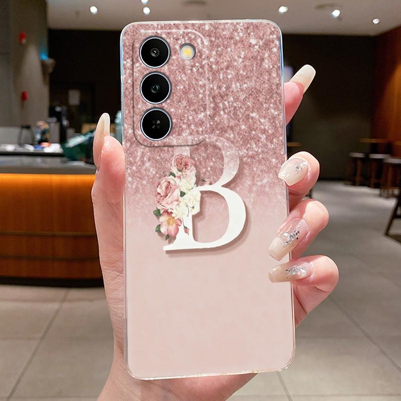 Чехол для Realme C83 5G/P4 Lite 5G, прозрачный силиконовый TPU, противоударный, мягкий корпус, розовый, с блестящим узором 'Счастливая буква от А до Я', парный чехол