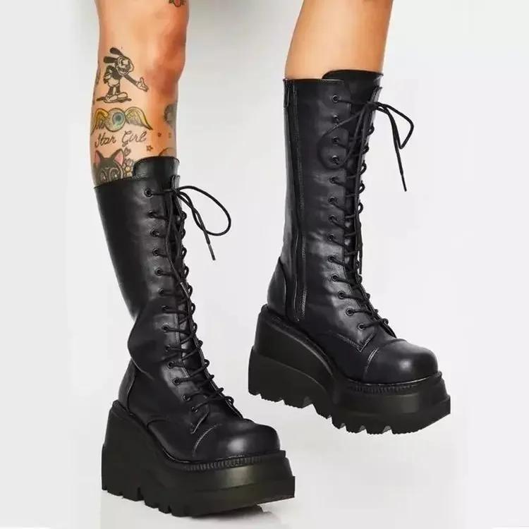 Punk Women Platform Boots Elastic Microfiber Chunky Heel Mid-calf Ladies Boots Spring Autumn Brand Black Goth Women Shoes
