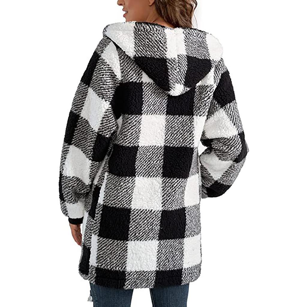 Женская повседневная теплая куртка с плюшевой решеткой и карманом на молнии с капюшоном, свободное пальто