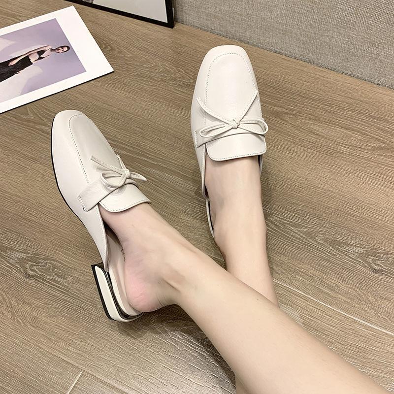 Модная обувь для женщин, мюли, женские тапочки, черные шлепанцы, сандалии с бантом, низкий каблук, натуральная кожа, распродажа 2024 года, тренд 39