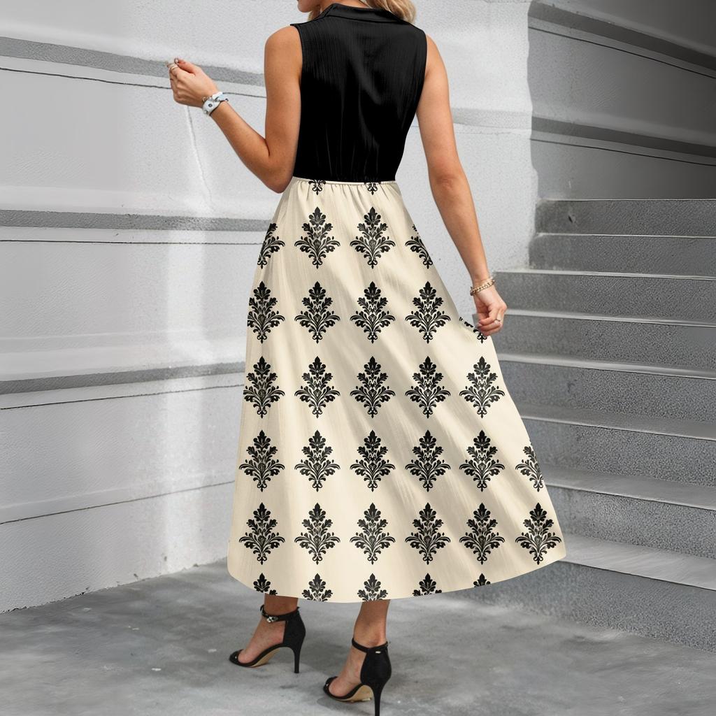 Women's Casual And Fashionable V-neck Sleeveless Printing Mid Length Dress