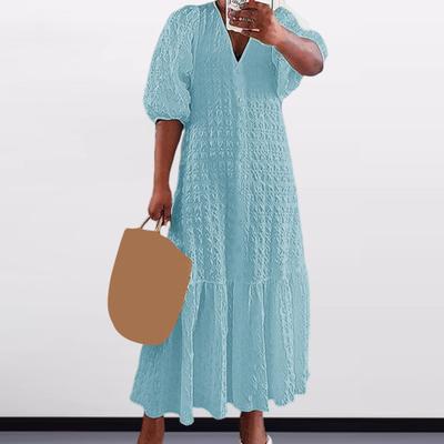 Женское летнее платье с V-образным вырезом и половиной рукавов, сплошной цвет, свободное трапециевидное лоскутное платье с рюшами до щиколотки, однобортное пляжное платье макси больших размеров