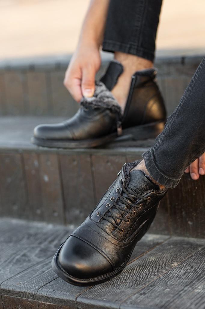 Men's Fashion Genuine Leather Flat Heeled Booties Bootie Furry Zippered Winter Boots Shoes