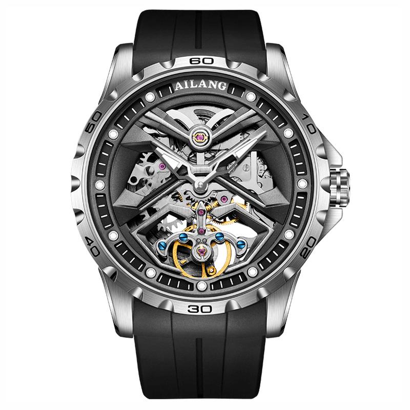 AILANG Fashion Sports Design Tourbillon Watch Men's Waterproof Rubber Strap Automatic Mechanical Watch Hollow Watch for Men