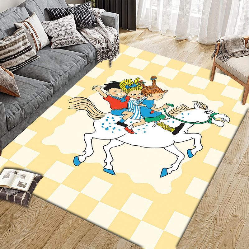 Pippi Cartoon Flannel Printed Carpet, Home Sofa Decoration for Living Room & Bedroom, Non‑Slip Play Flannel Floor Mat for Game Room