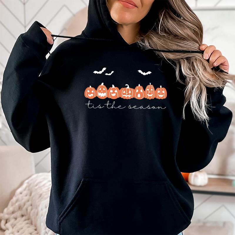Happy Halloween Pumpkins Tis The Beason Hoodies Casual Long Sleeves Hooded Sweatshirts Cool Halloween Women Pullover Tops