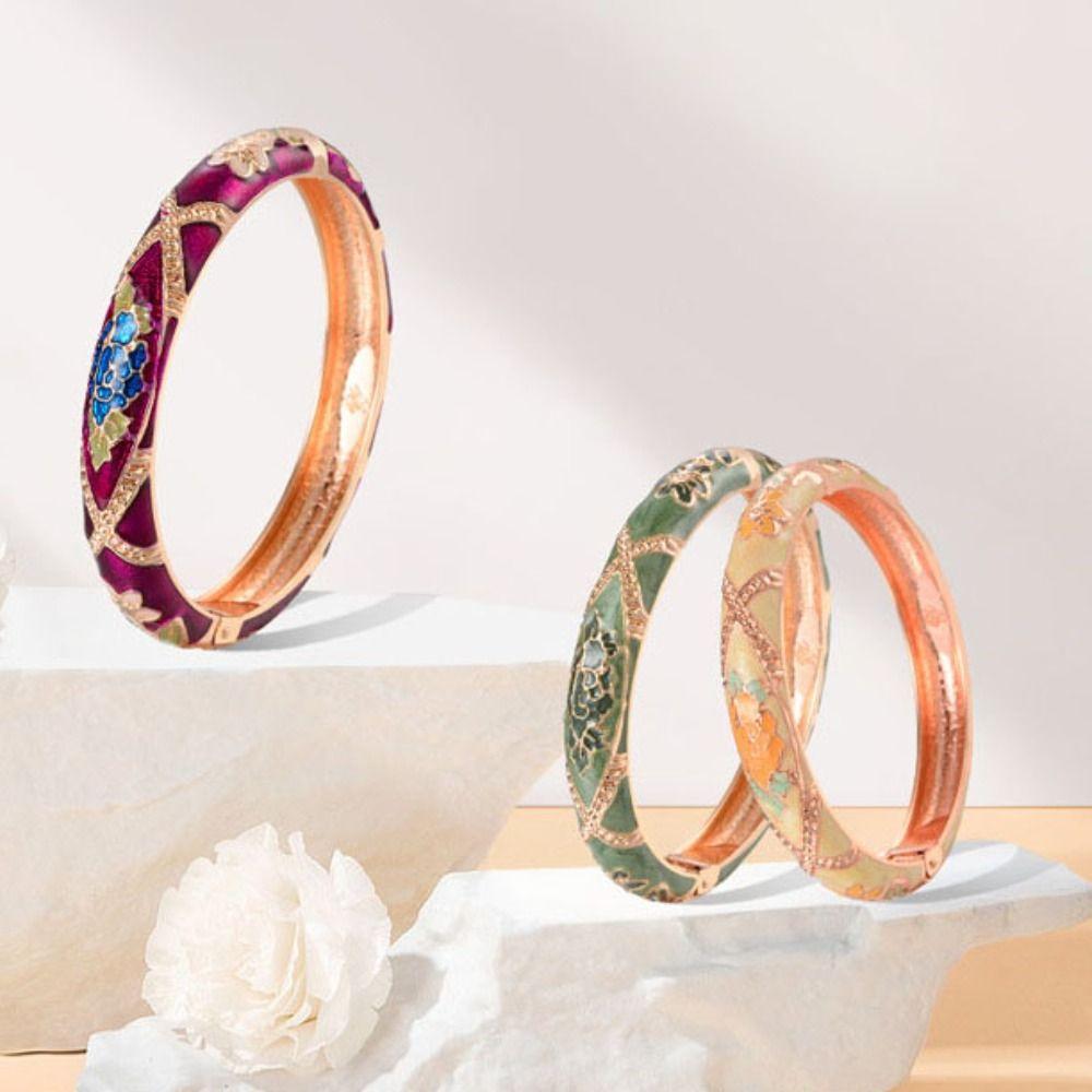 Traditional Hollow Out Flower Bangle Chinese Women's Hand Bracelet Vintage Cloisonne Bangle Girls
