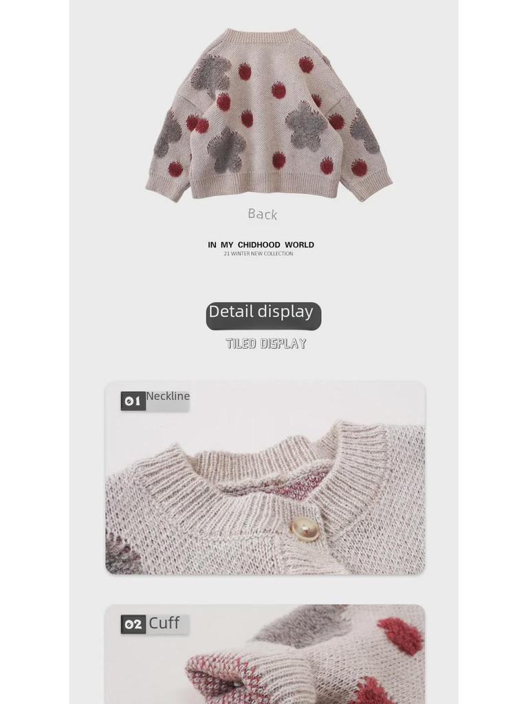 Детский шерстяной свитер-кардиган в корейском стиле в горошек, весна 2024 г.