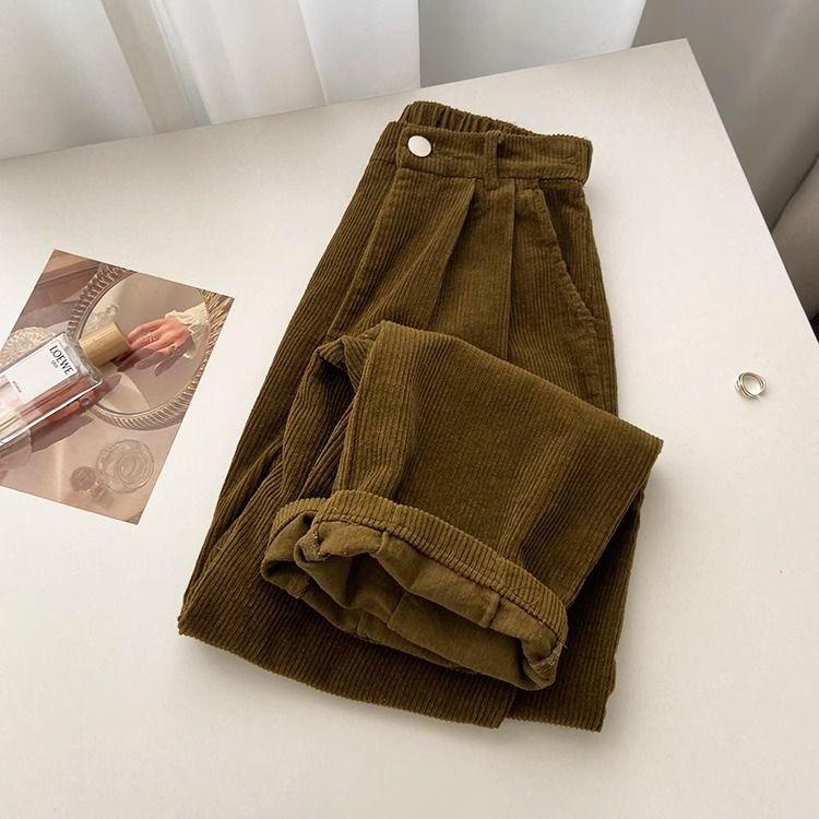 Retro High Waist Corduroy Pants Women Spring Fall Straight Casual Full Length Trousers Korean Fashion Baggy All Match Black Pant Plus Size