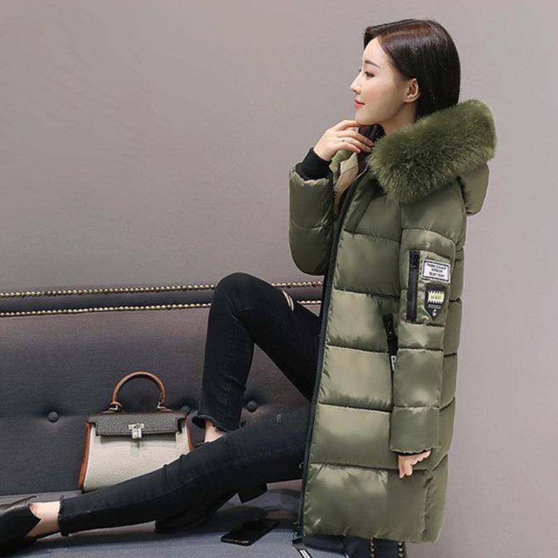 Women Winter Hooded Long Jacket Elegant Parka Fashion Letter Patch Zipper Pockets Design Slim Warm Thick Women Coats