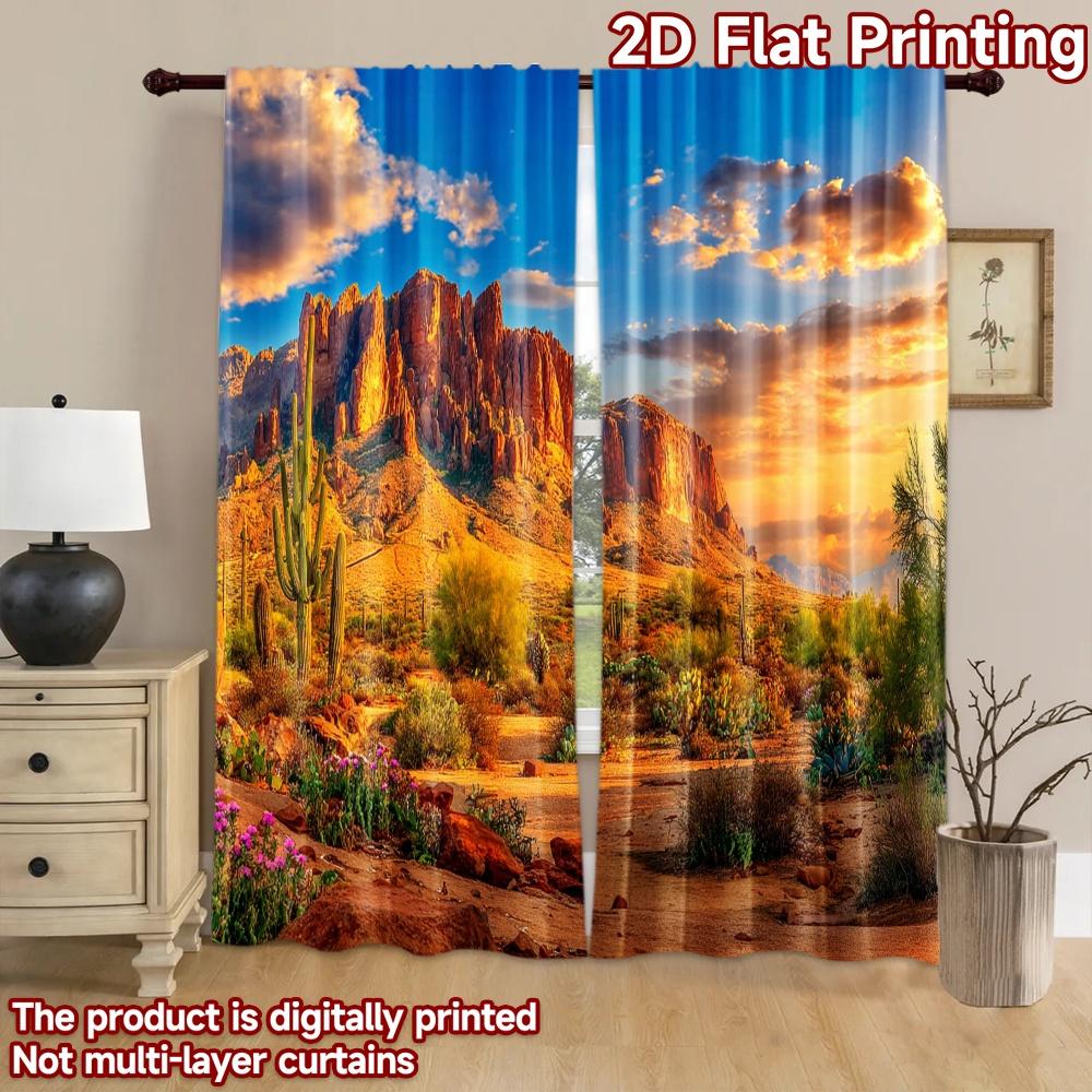 2D flat printing 2pcs Window Curtains Desert Mountain Landscape Saguaro Cacti Digital Printed Polyester Drapes Party Decorations