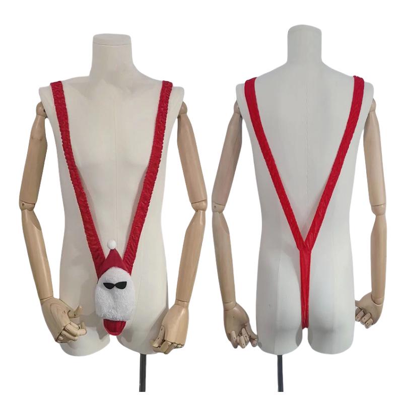 Мужской косплей Санта-Клауса Боди с V-образным вырезом и подтяжками