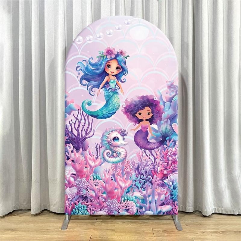 Single Side Arch Backdrop Cover Mermaid Fantasy Underwater Backdrop for Party Decorations Featuring Blue and Purple Mermaids