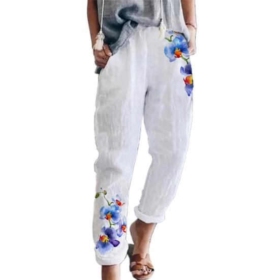 Pockets Bottoms Attractive Floral Print Simple White Pants Women Trousers