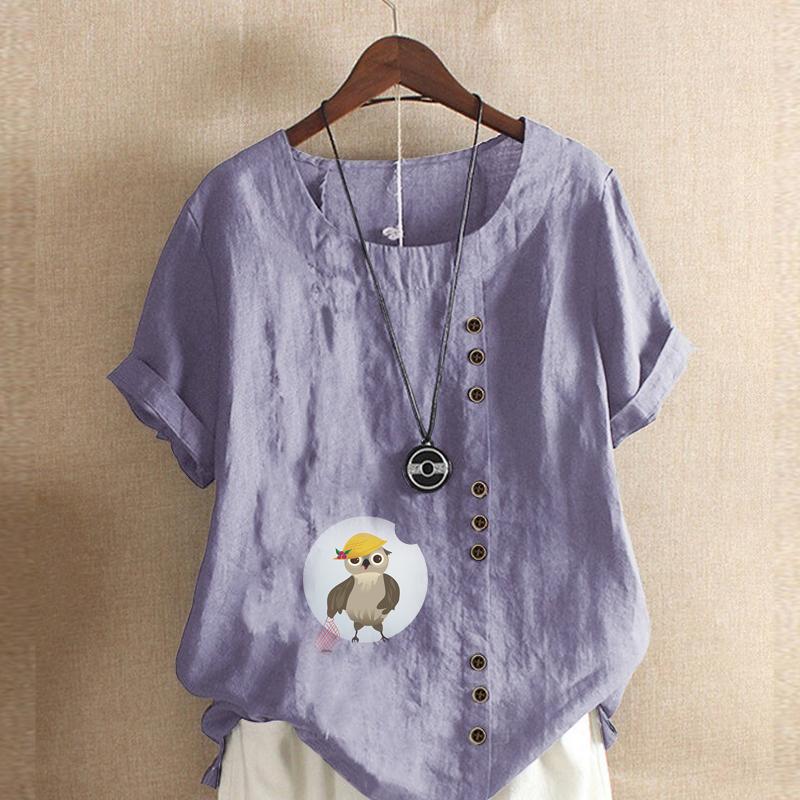 Women's Fashion Round Neck Short Sleeve T-shirt Casual Cotton Linen Graphic Shirt Leisure Loose Owl Prined Summer Blouse Tops