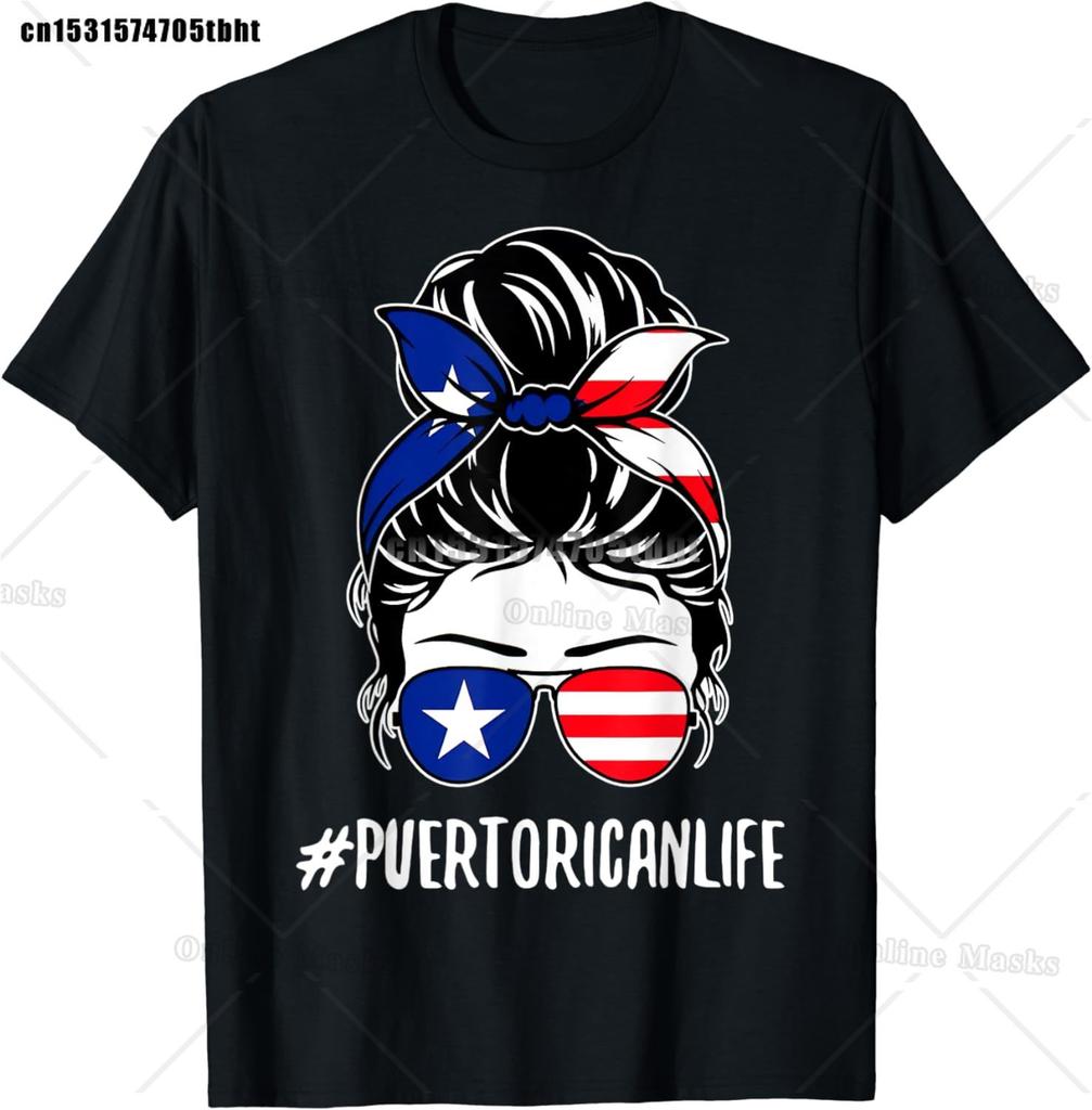 Top Punk Street Apparel Women Unisex Puerto Rican Life Messy Bun Hair Puerto Rico Flag TShirt Unisex Short Sleeve Casual Wear