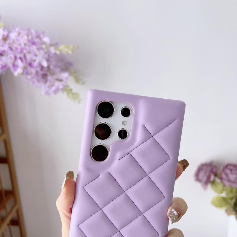 Luxury Solid Color Leather Rhombus Up and Down No Bordered Phone Case For Samsung S25 Ultra S23 S24 Ultra Plus Bumper Back Cover