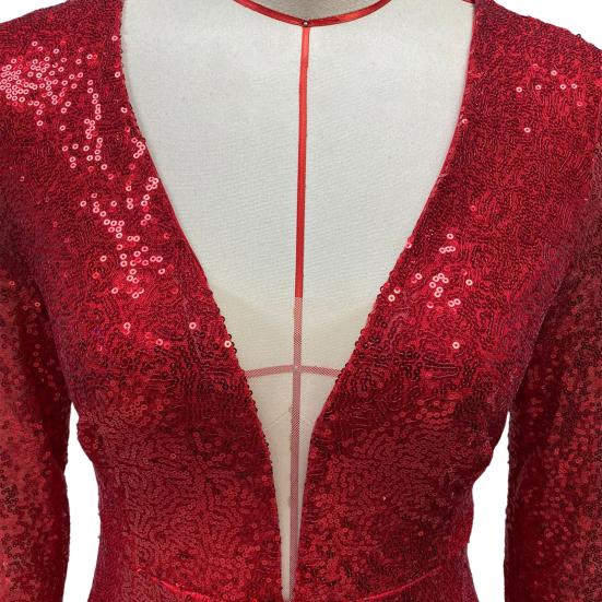 Women Evening Dress Sequin Deep V Neck Long Sleeves Slim Fit Fishtail Hem Sequin Floor Length