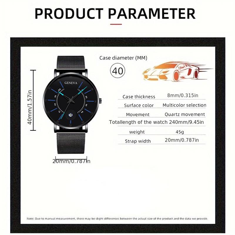 2pcs/set Fashion Men's Business Watch Mesh Strap Quartz Watch Classic Creative Calendar Wristwatch & Bracelet