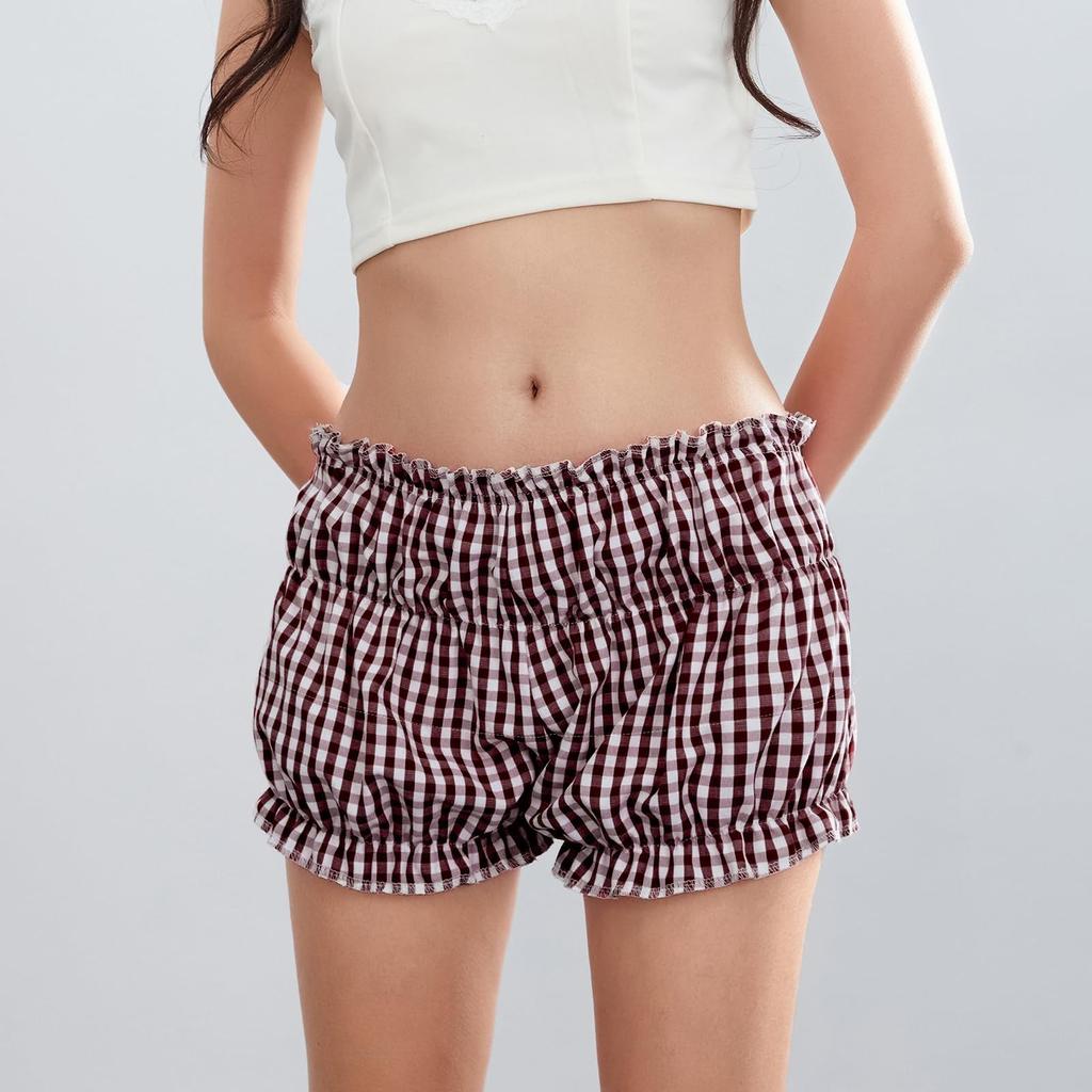 Pajama Shorts Women's Cute Baggy Style Elastic Low Plaid Boxer Bottoms Sexy Casual Summer Sleepwear