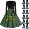 Women's Fashion Vintage Long Sleeve V-Neck Christmas Printed Evening Party Dresses Dresses