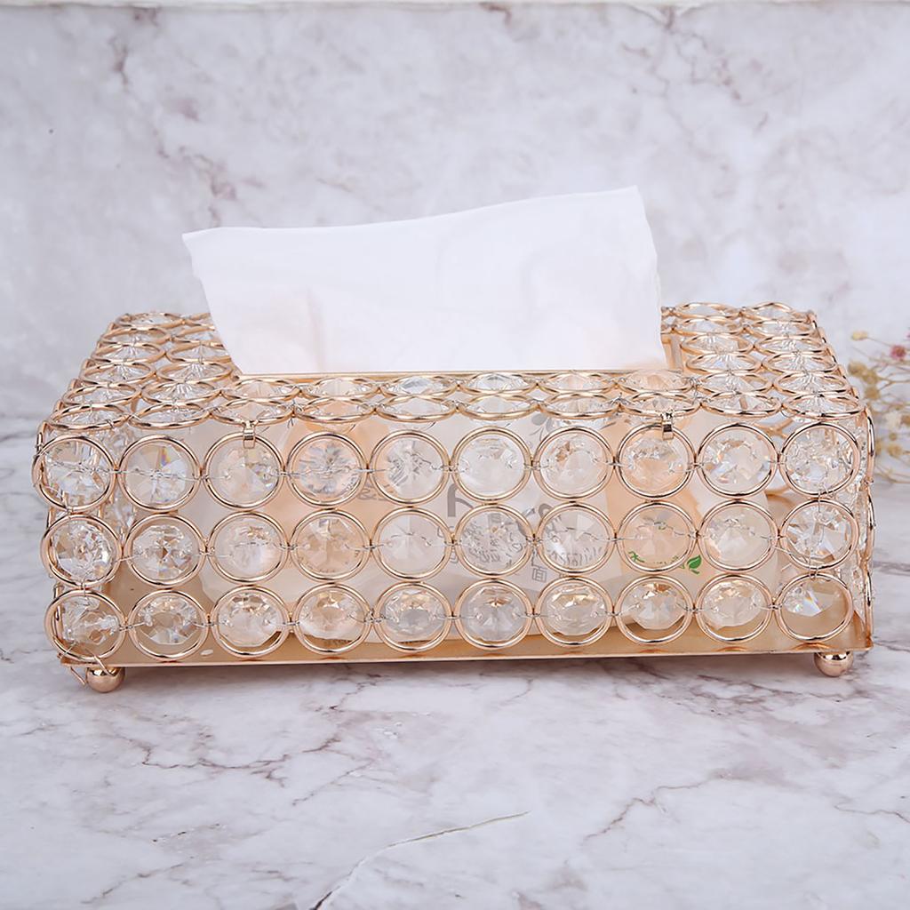 Rectangular Artificial Crystal Tissue Box Cover Tissue Paper Storage Holder Home Decor (Gold)
