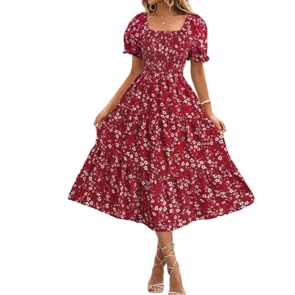 Women's Bohemian Square Neck Puff Sleeve Short Sleeve-Red M