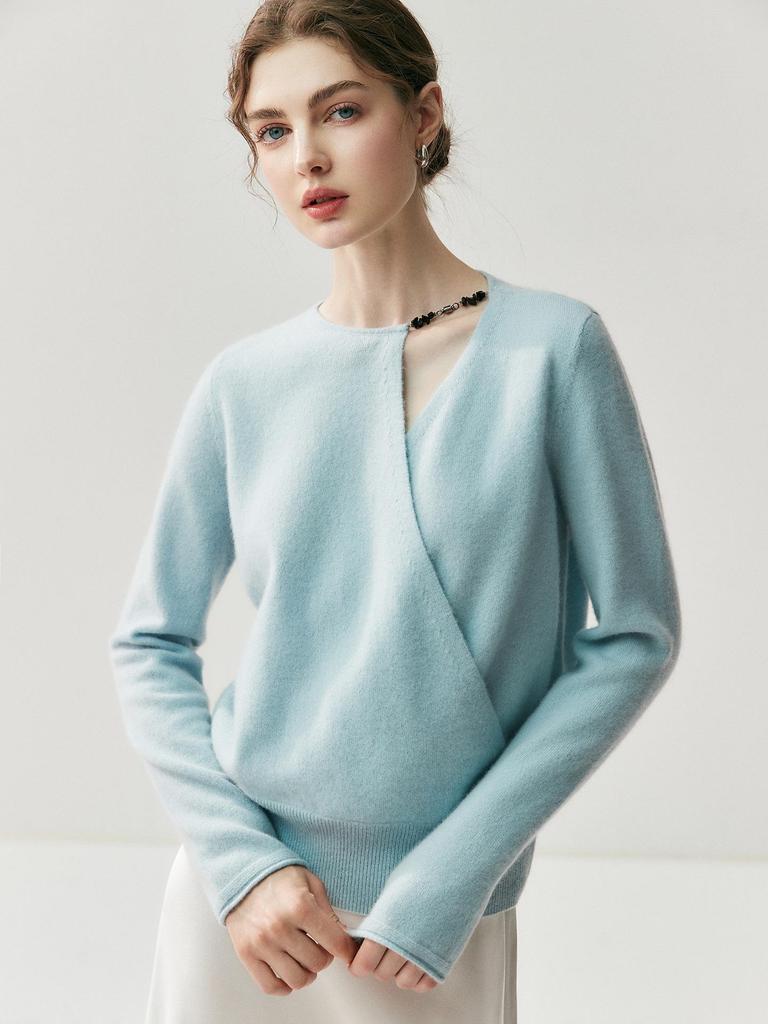 Женский кашемировый свитер французского дизайна с запахом - приятный к коже, вязаный трикотаж свободного кроя для осени и зимы.