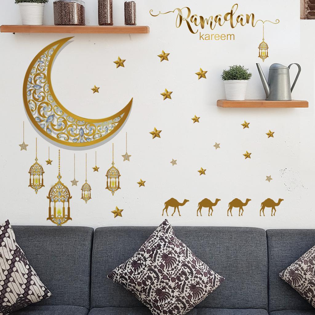 Ramadan Wall Stickers Moon Star Lantern Ornaments Wall Decals Ramadan Decoration For Home 2023 Islamic Muslim Mural Eid Mubarak