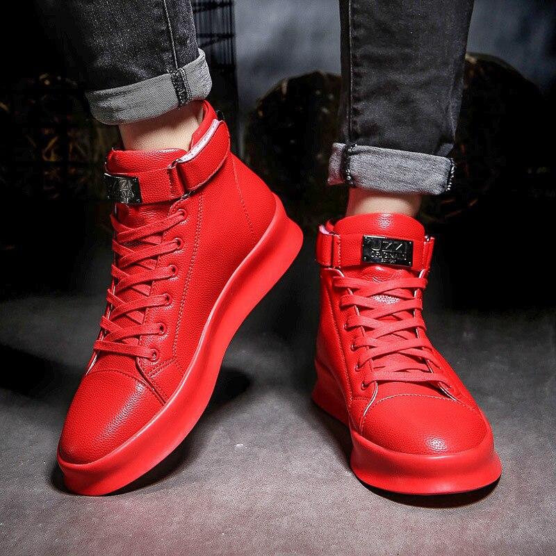 Couple Board Shoes Red Foreign Year Shoes Leather Waterproof Casual Shoes Men Flat High Top Solid Color Vulcanized Sneakers