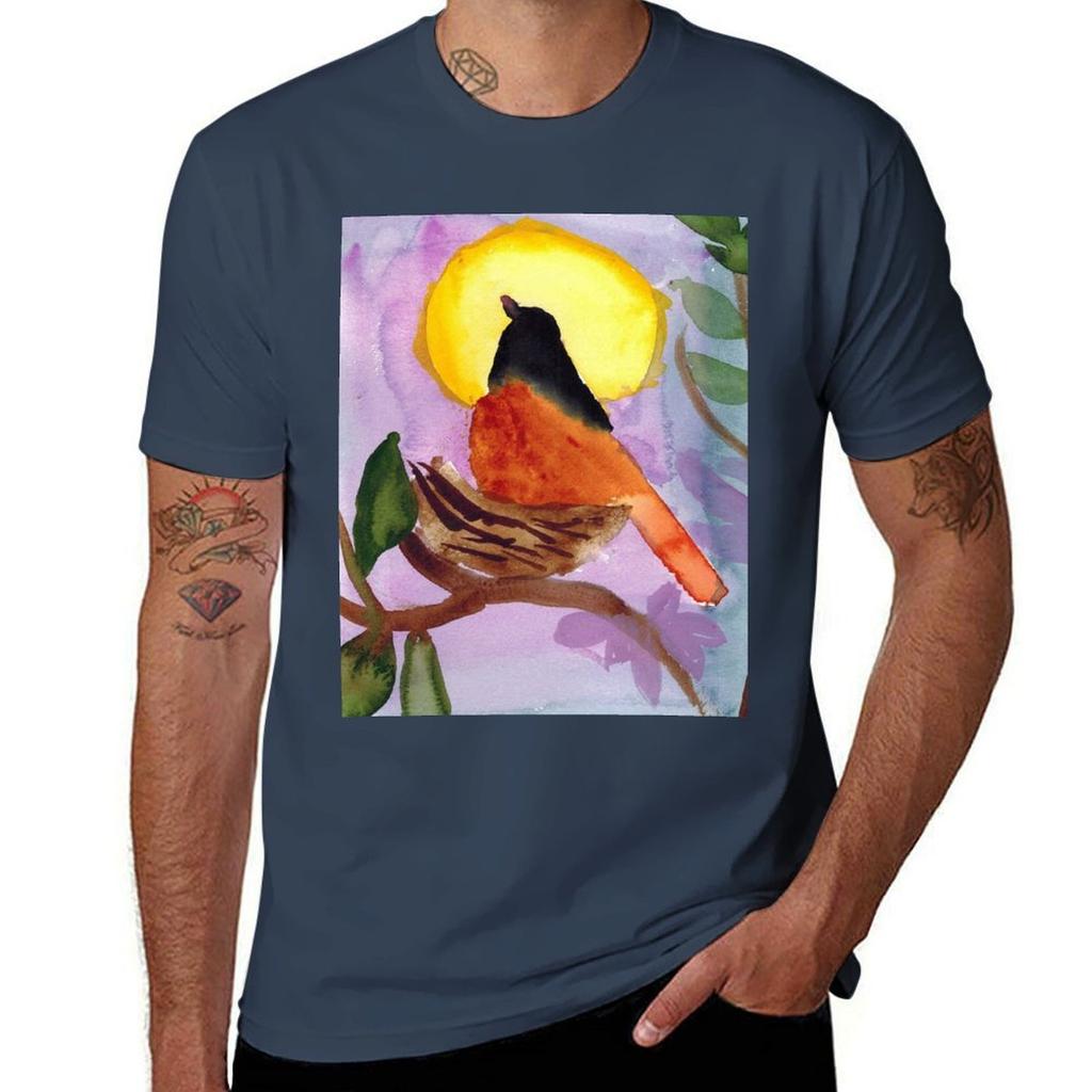 A Bird Sitting On Nest Against The Sunset Tshirt Large Size Casual Short Sleeve Top